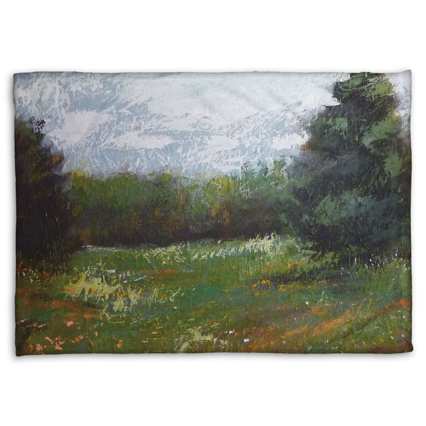A fleece throw blanket designed with an expressive painting of a grassy field and grove of trees.
