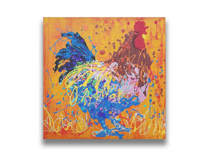 A drip painting of a brown and blue rooster on a vibrant orange background, splattered with accents of yellow, white, and red. Printed on canvas.