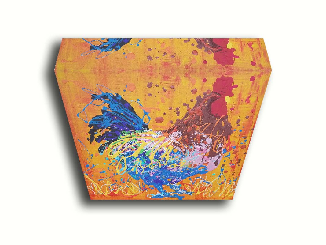 A drip painting of a brown and blue rooster on a vibrant orange background, splattered with accents of yellow, white, and red. Printed on canvas.