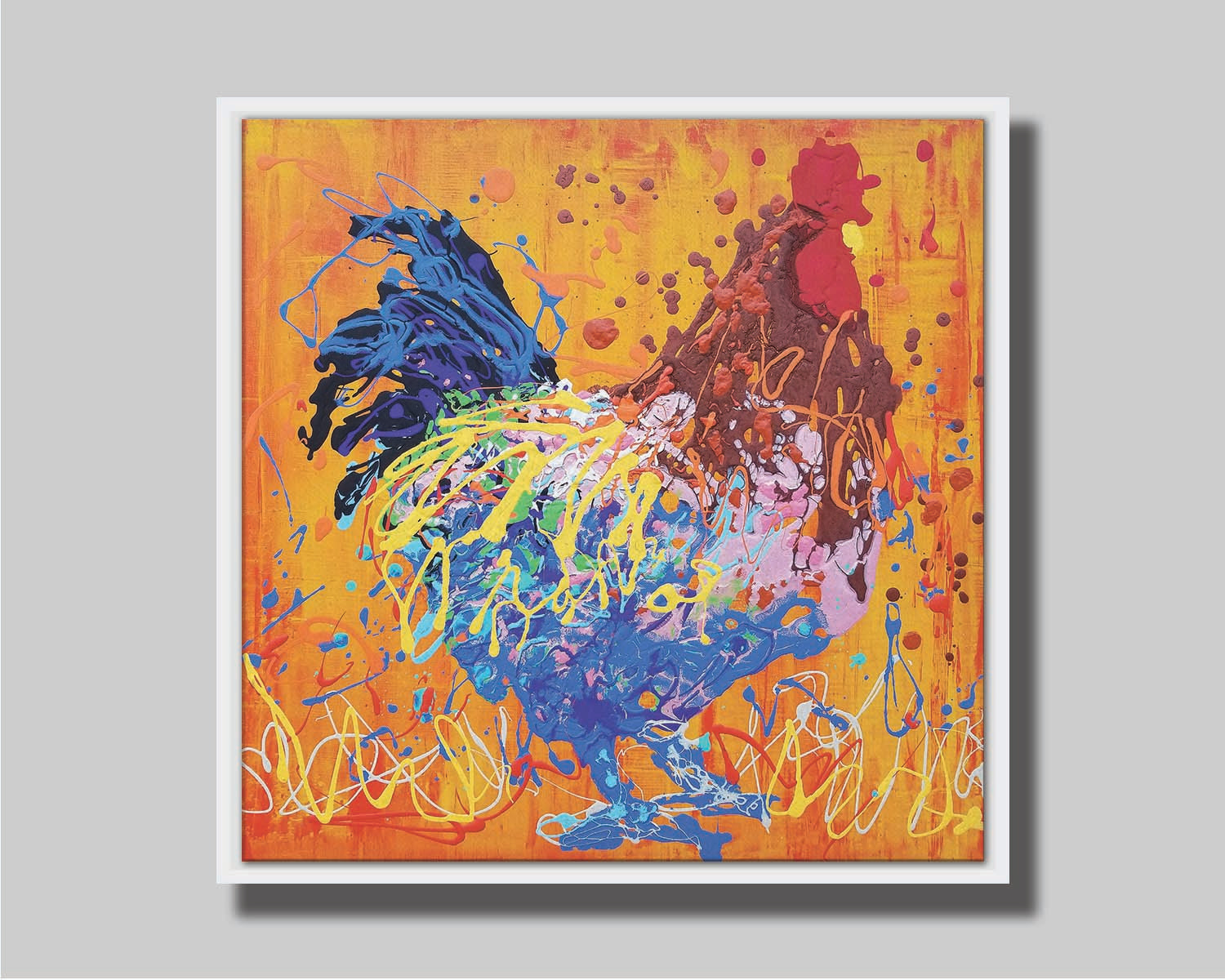 A drip painting of a brown and blue rooster on a vibrant orange background, splattered with accents of yellow, white, and red. Printed on canvas in a float frame.