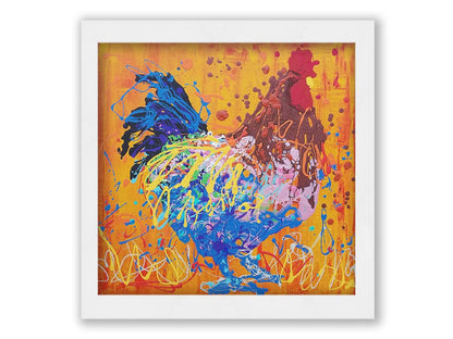 A drip painting of a brown and blue rooster on a vibrant orange background, splattered with accents of yellow, white, and red. Printed on canvas and framed.