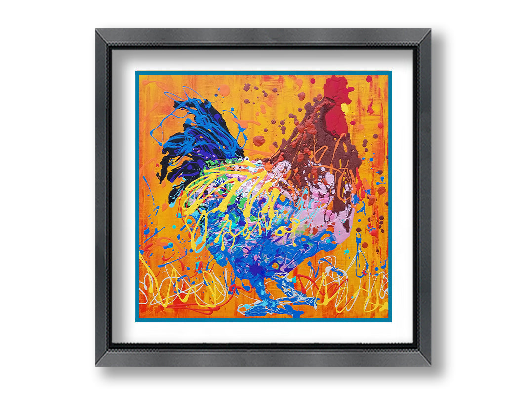 A drip painting of a brown and blue rooster on a vibrant orange background, splattered with accents of yellow, white, and red. Printed on paper, matted, and framed.