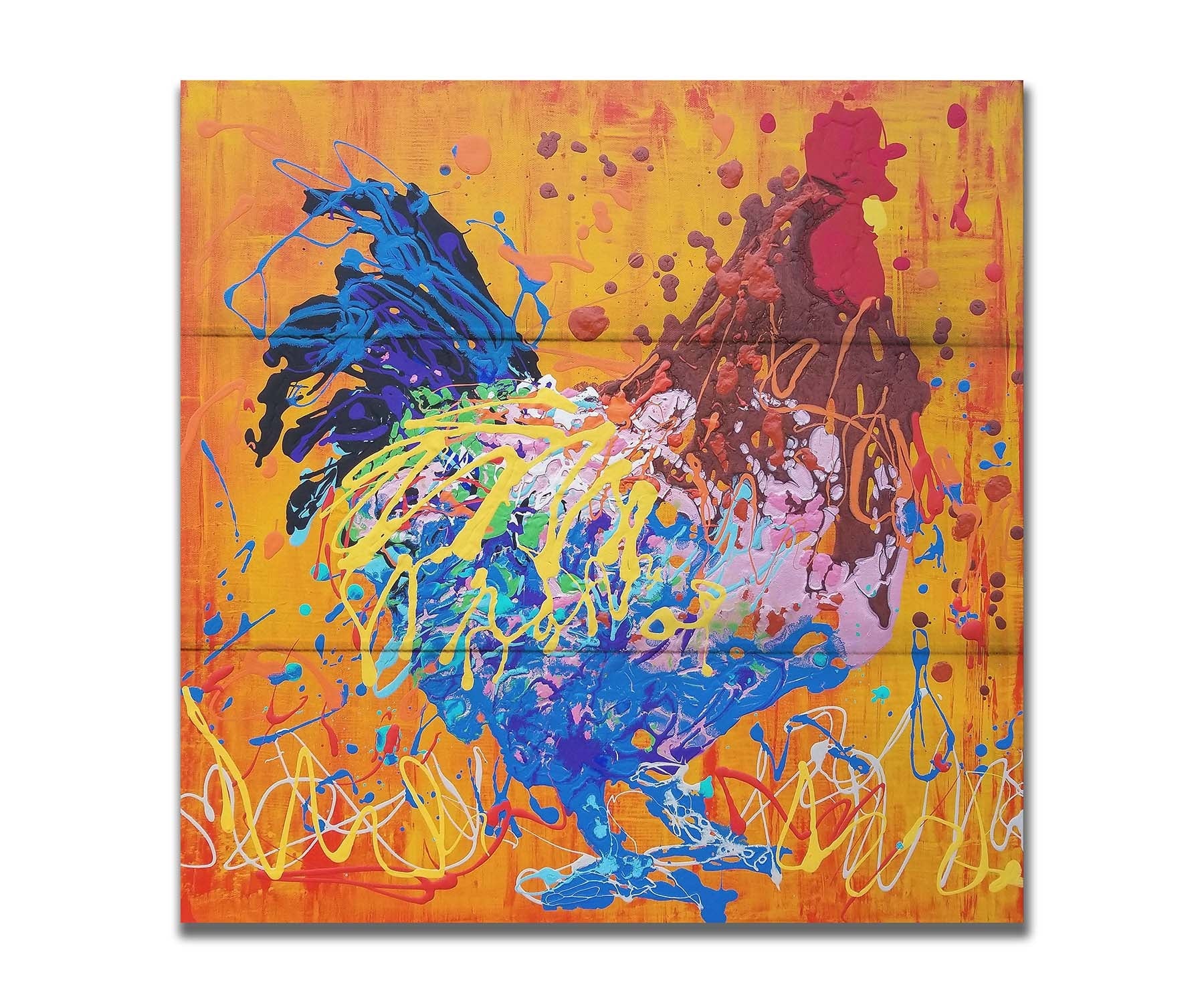 A drip painting of a brown and blue rooster on a vibrant orange background, splattered with accents of yellow, white, and red. Printed on a box board.