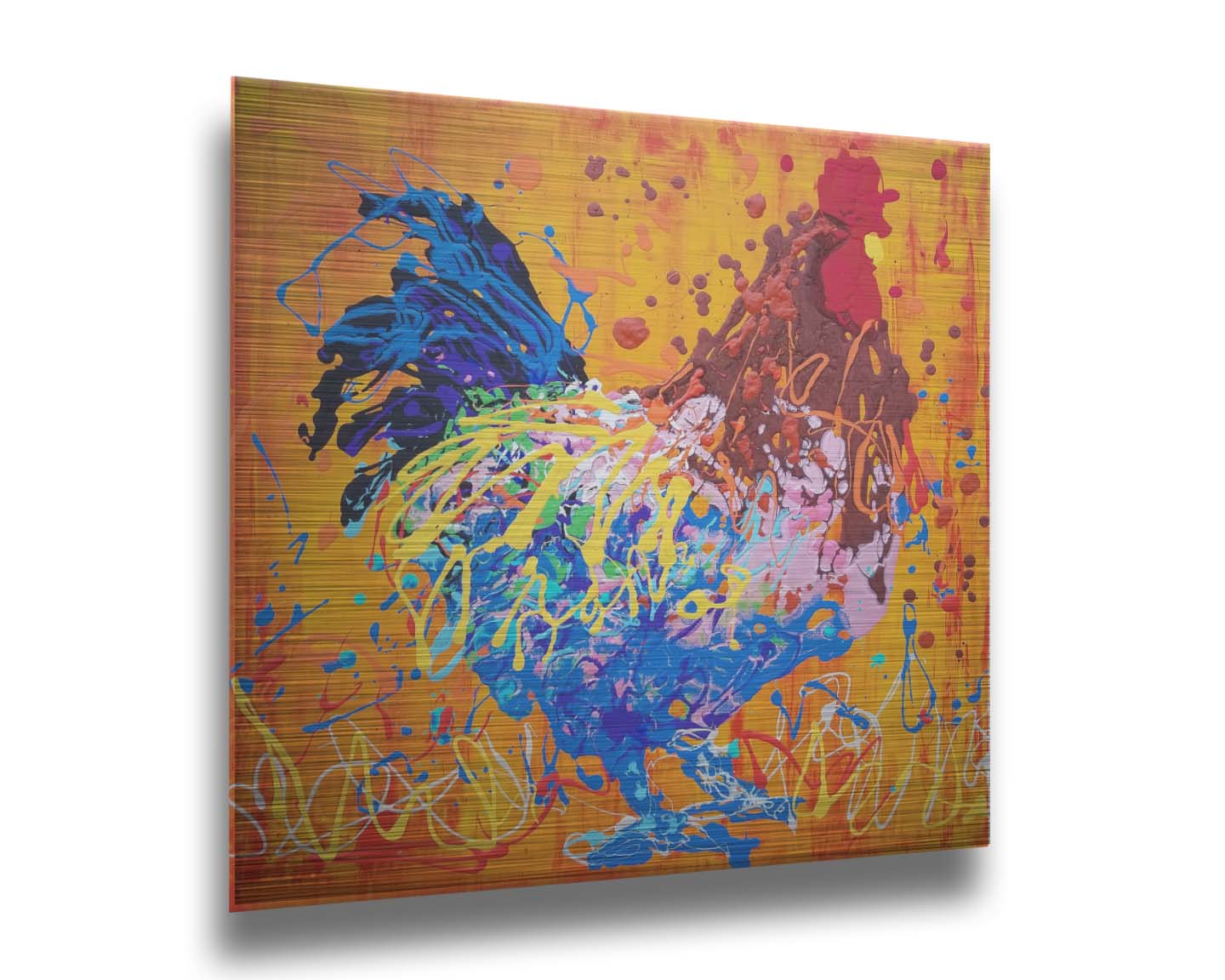 A drip painting of a brown and blue rooster on a vibrant orange background, splattered with accents of yellow, white, and red. Printed on metal.