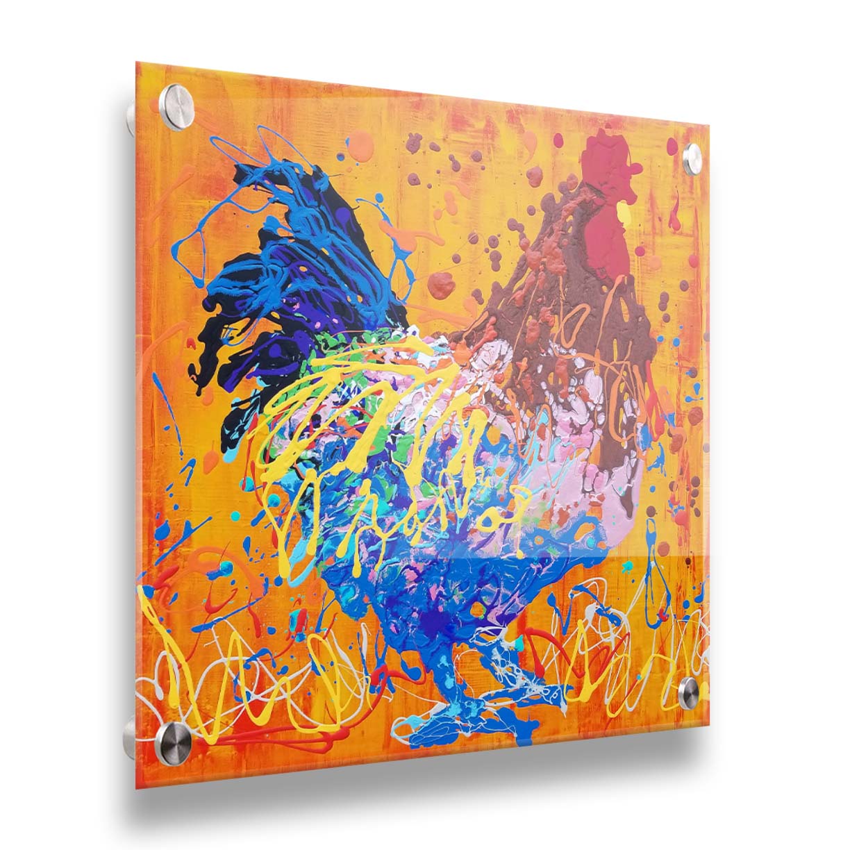 A drip painting of a brown and blue rooster on a vibrant orange background, splattered with accents of yellow, white, and red. Printed on acrylic.