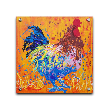 A drip painting of a brown and blue rooster on a vibrant orange background, splattered with accents of yellow, white, and red. Printed on acrylic.