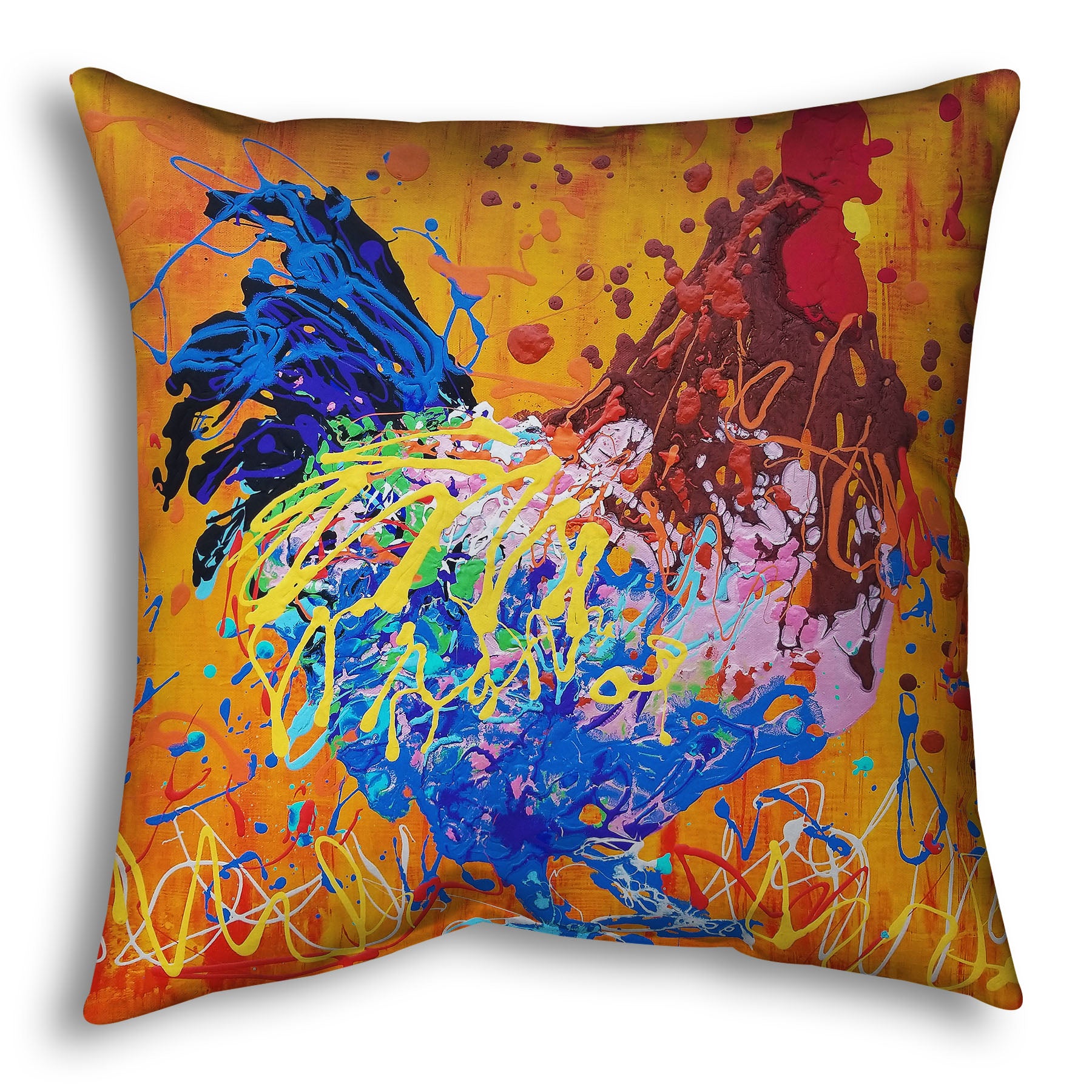 A throw pillow designed with a drip painting of a brown and blue rooster on a vibrant orange background, splattered with accents of yellow, white, and red. 