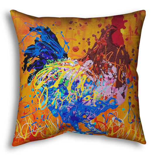 A throw pillow designed with a drip painting of a brown and blue rooster on a vibrant orange background, splattered with accents of yellow, white, and red. 
