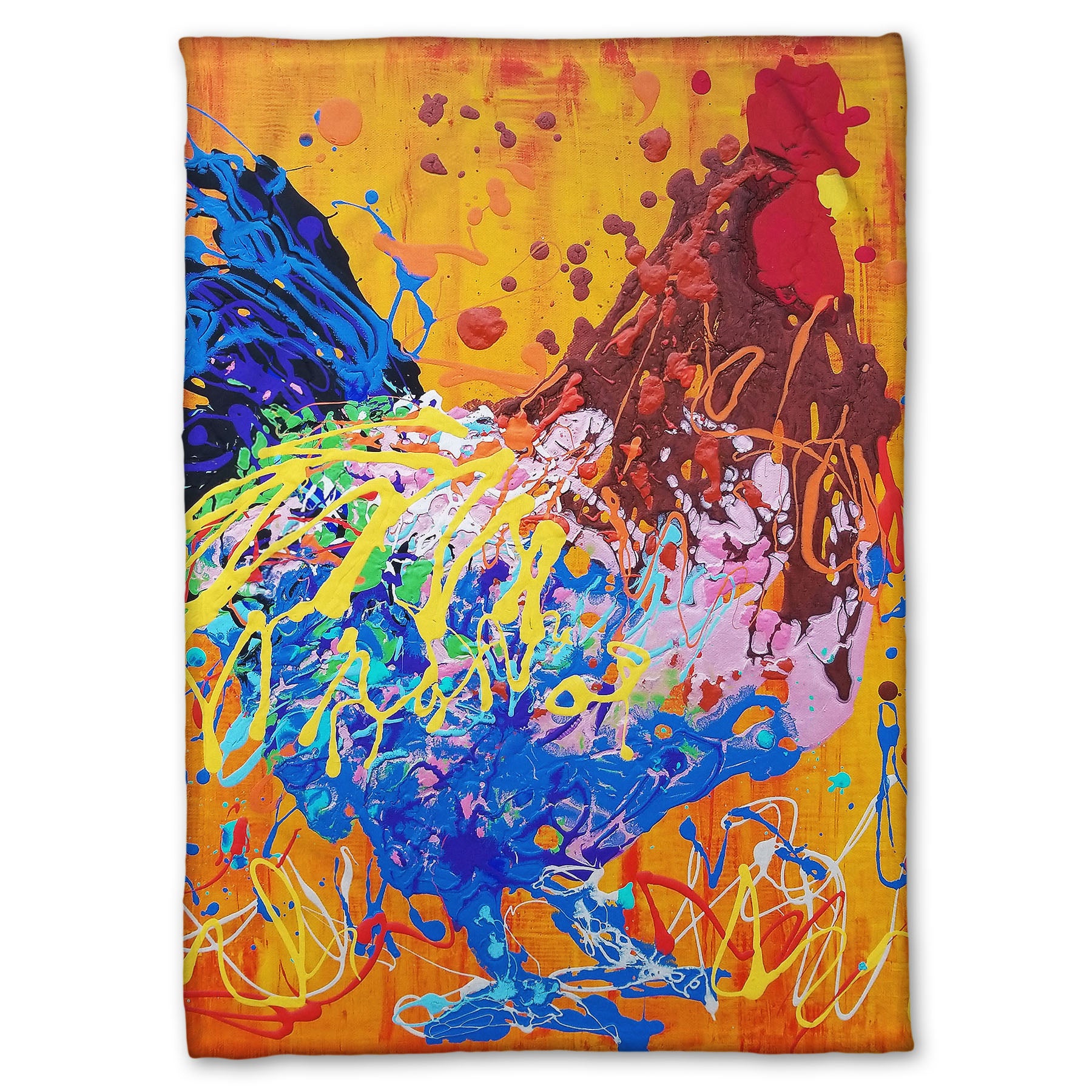 A fleece blanket designed with a drip painting of a brown and blue rooster on a vibrant orange background, splattered with accents of yellow, white, and red. 