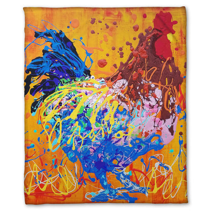 A fleece blanket designed with a drip painting of a brown and blue rooster on a vibrant orange background, splattered with accents of yellow, white, and red. 