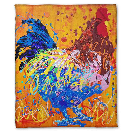 A fleece blanket designed with a drip painting of a brown and blue rooster on a vibrant orange background, splattered with accents of yellow, white, and red. 