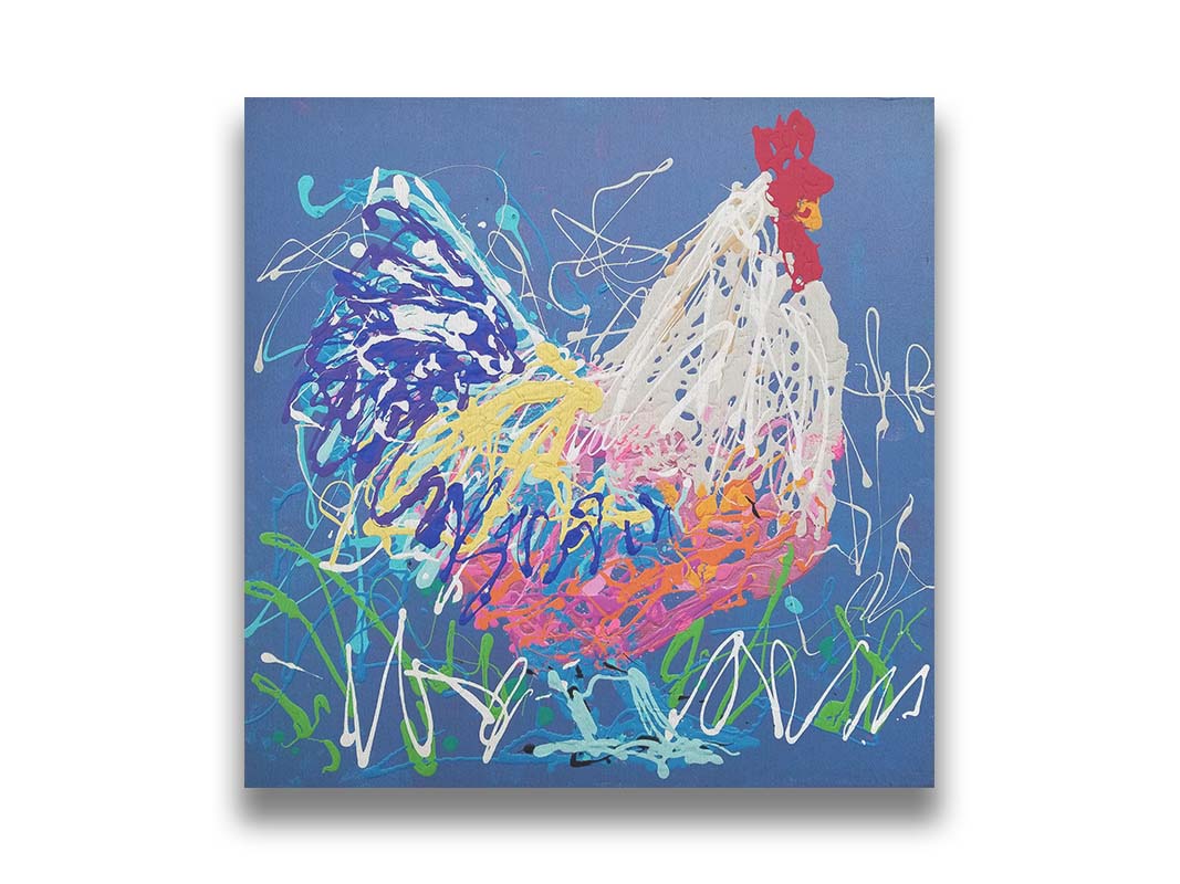 A drip painting of a white and blue rooster on a gentle blue background, splattered with accents of green, white, pink, and yellow. Printed on canvas.