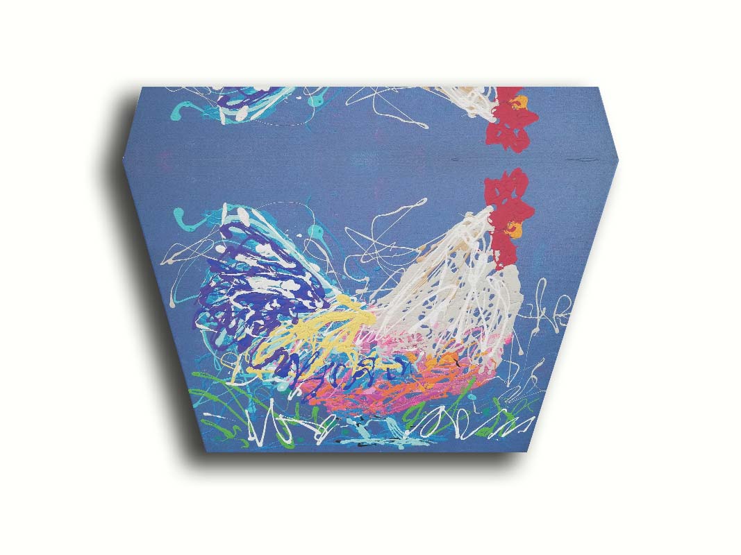 A drip painting of a white and blue rooster on a gentle blue background, splattered with accents of green, white, pink, and yellow. Printed on canvas.