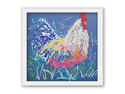 A drip painting of a white and blue rooster on a gentle blue background, splattered with accents of green, white, pink, and yellow. Printed on canvas and framed.