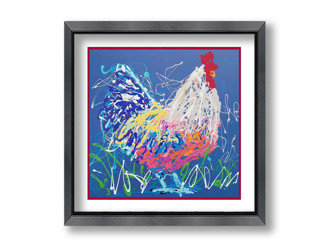 A drip painting of a white and blue rooster on a gentle blue background, splattered with accents of green, white, pink, and yellow. Printed on paper, matted, and framed.