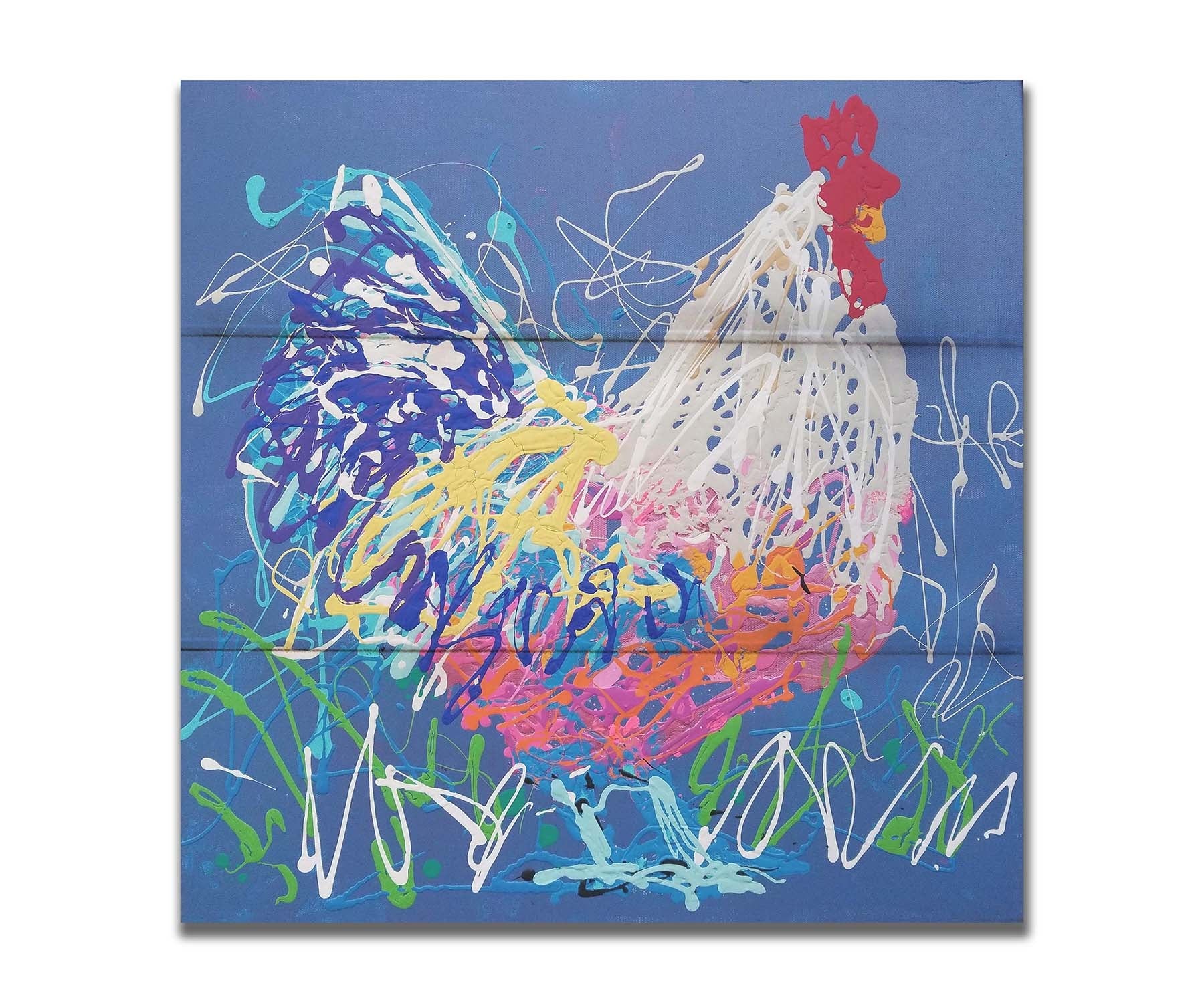 A drip painting of a white and blue rooster on a gentle blue background, splattered with accents of green, white, pink, and yellow. Printed on a box board.