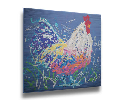 A drip painting of a white and blue rooster on a gentle blue background, splattered with accents of green, white, pink, and yellow. Printed on metal.