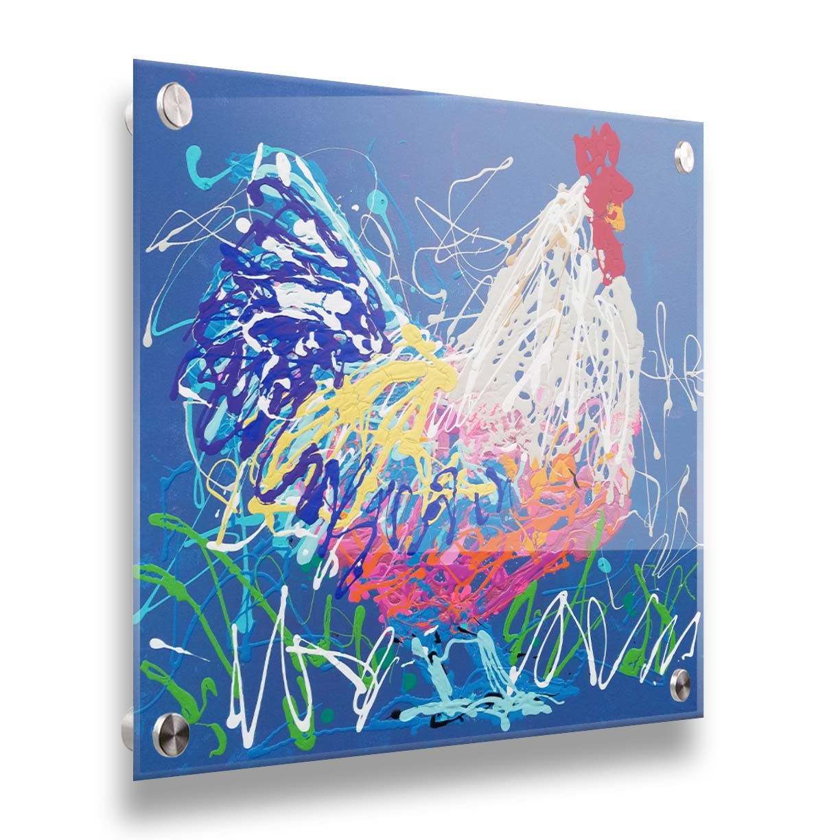 A drip painting of a white and blue rooster on a gentle blue background, splattered with accents of green, white, pink, and yellow. Printed on acrylic.