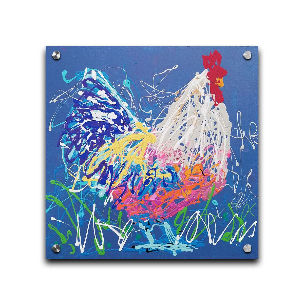 A drip painting of a white and blue rooster on a gentle blue background, splattered with accents of green, white, pink, and yellow. Printed on acrylic.