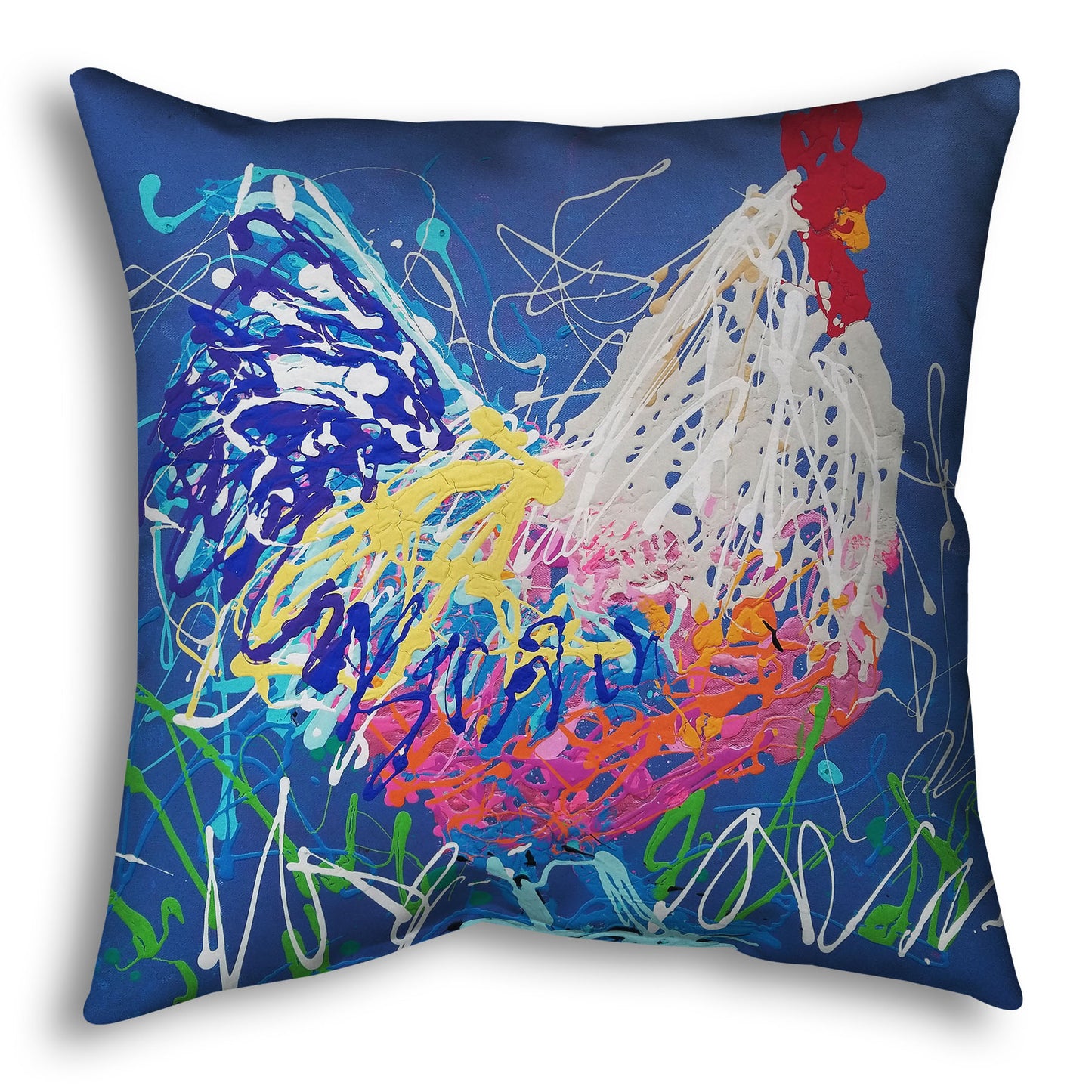 A throw pillow designed with a drip painting of a white and blue rooster on a gentle blue background, splattered with accents of green, white, pink, and yellow.