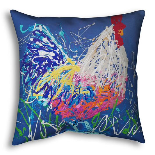 A throw pillow designed with a drip painting of a white and blue rooster on a gentle blue background, splattered with accents of green, white, pink, and yellow.