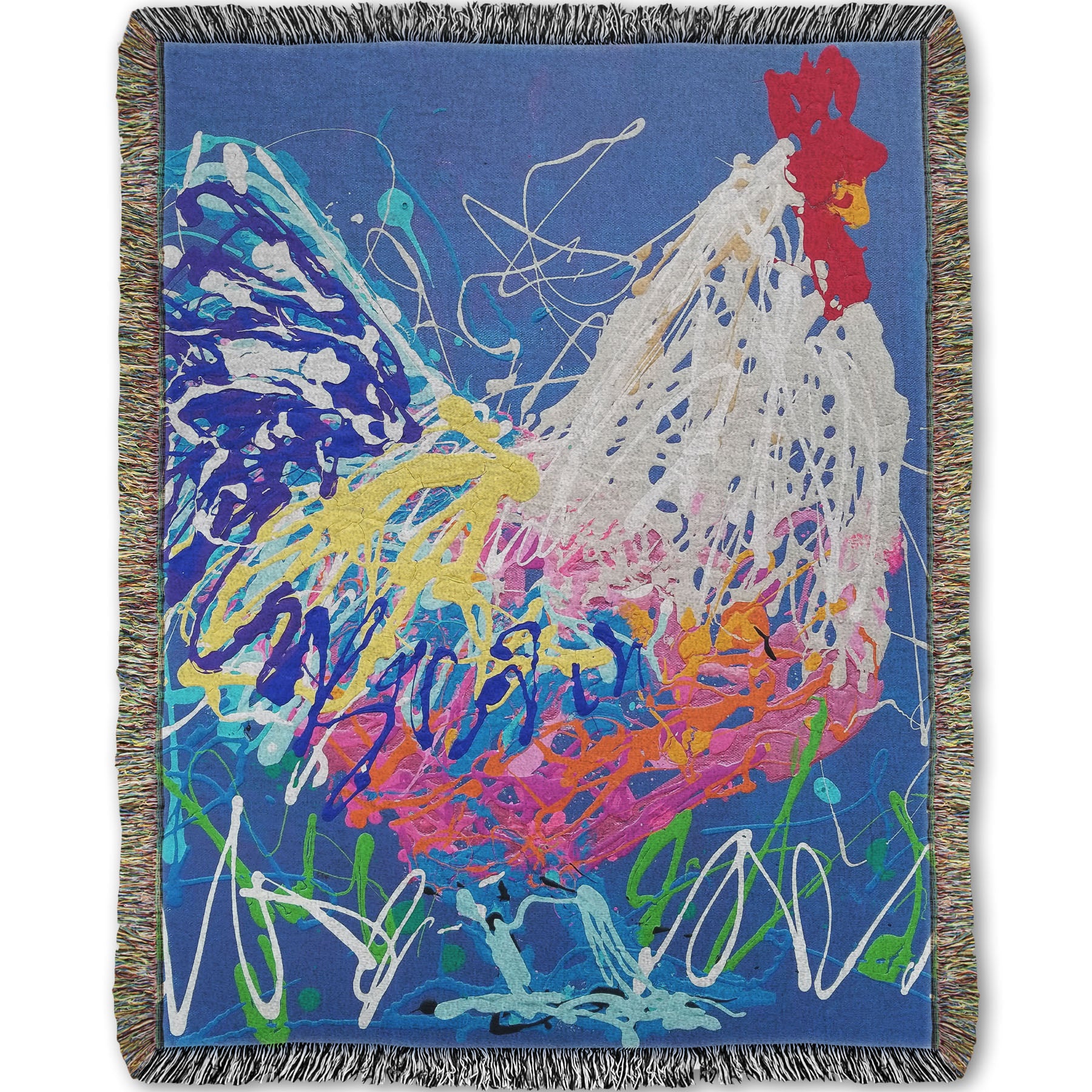 A woven throw blanket designed with a drip painting of a white and blue rooster on a gentle blue background, splattered with accents of green, white, pink, and yellow.