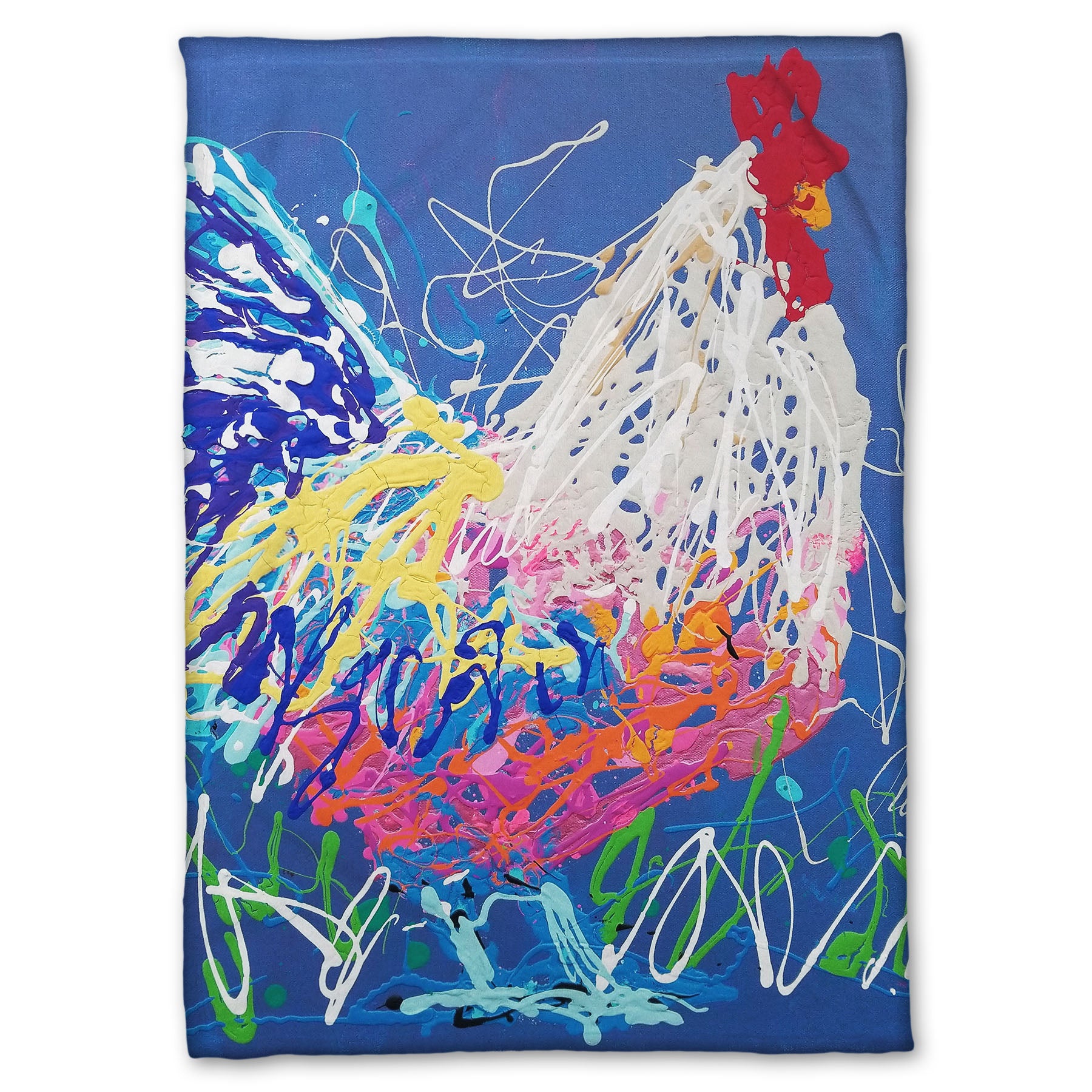A soft throw blanket designed with a drip painting of a white and blue rooster on a gentle blue background, splattered with accents of green, white, pink, and yellow.