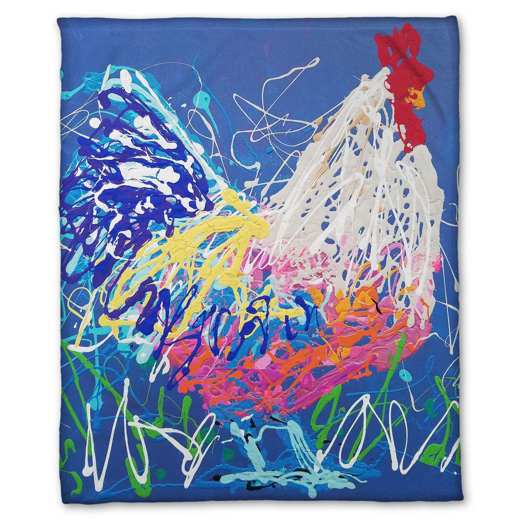 A soft throw blanket designed with a drip painting of a white and blue rooster on a gentle blue background, splattered with accents of green, white, pink, and yellow.