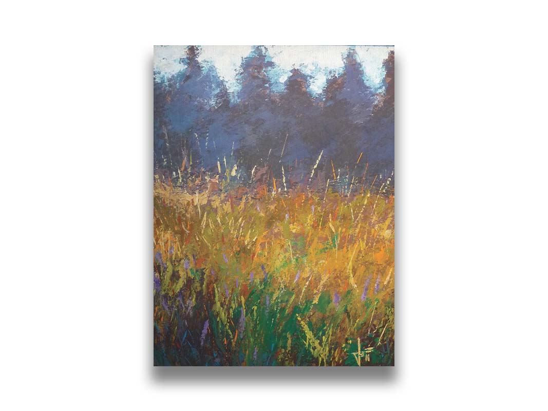 An expressive painting of a gold and green field in front of a purple and blue forest. Printed on canvas.