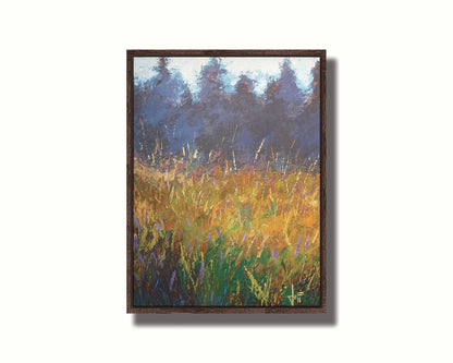 An expressive painting of a gold and green field in front of a purple and blue forest. Printed on canvas in a float frame.