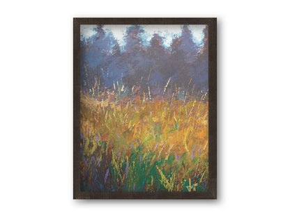 An expressive painting of a gold and green field in front of a purple and blue forest. Printed on canvas and framed.