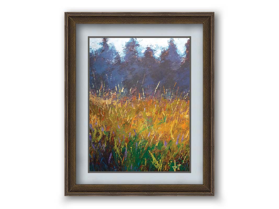 An expressive painting of a gold and green field in front of a purple and blue forest. Printed on paper, matted, and framed.