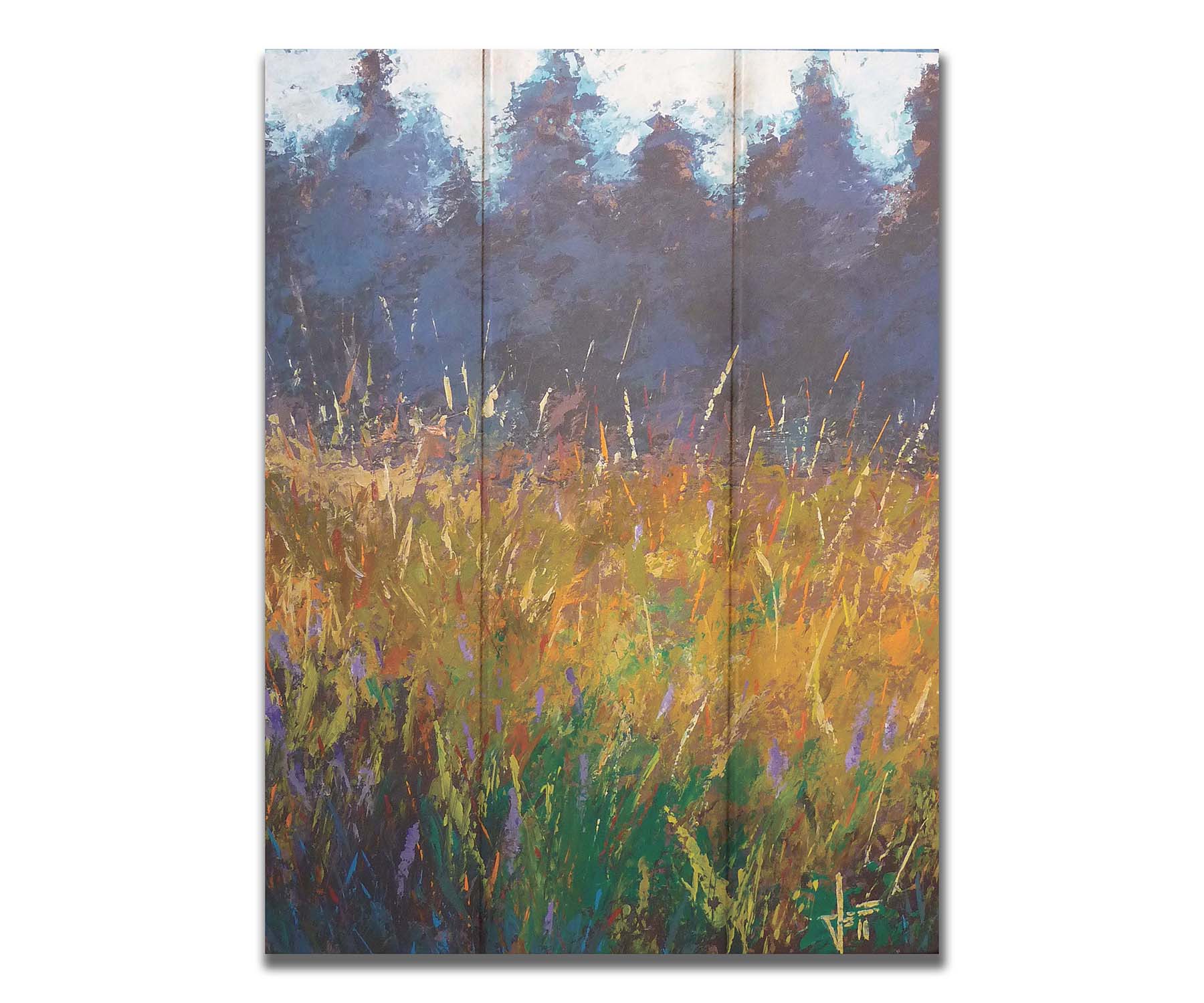 An expressive painting of a gold and green field in front of a purple and blue forest. Printed on a box board.