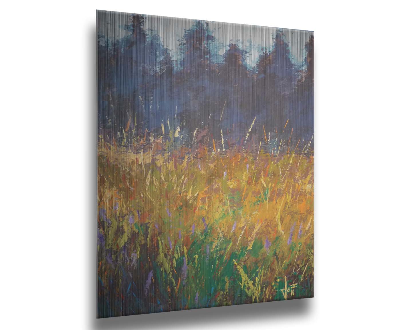 An expressive painting of a gold and green field in front of a purple and blue forest. Printed on acrylic.