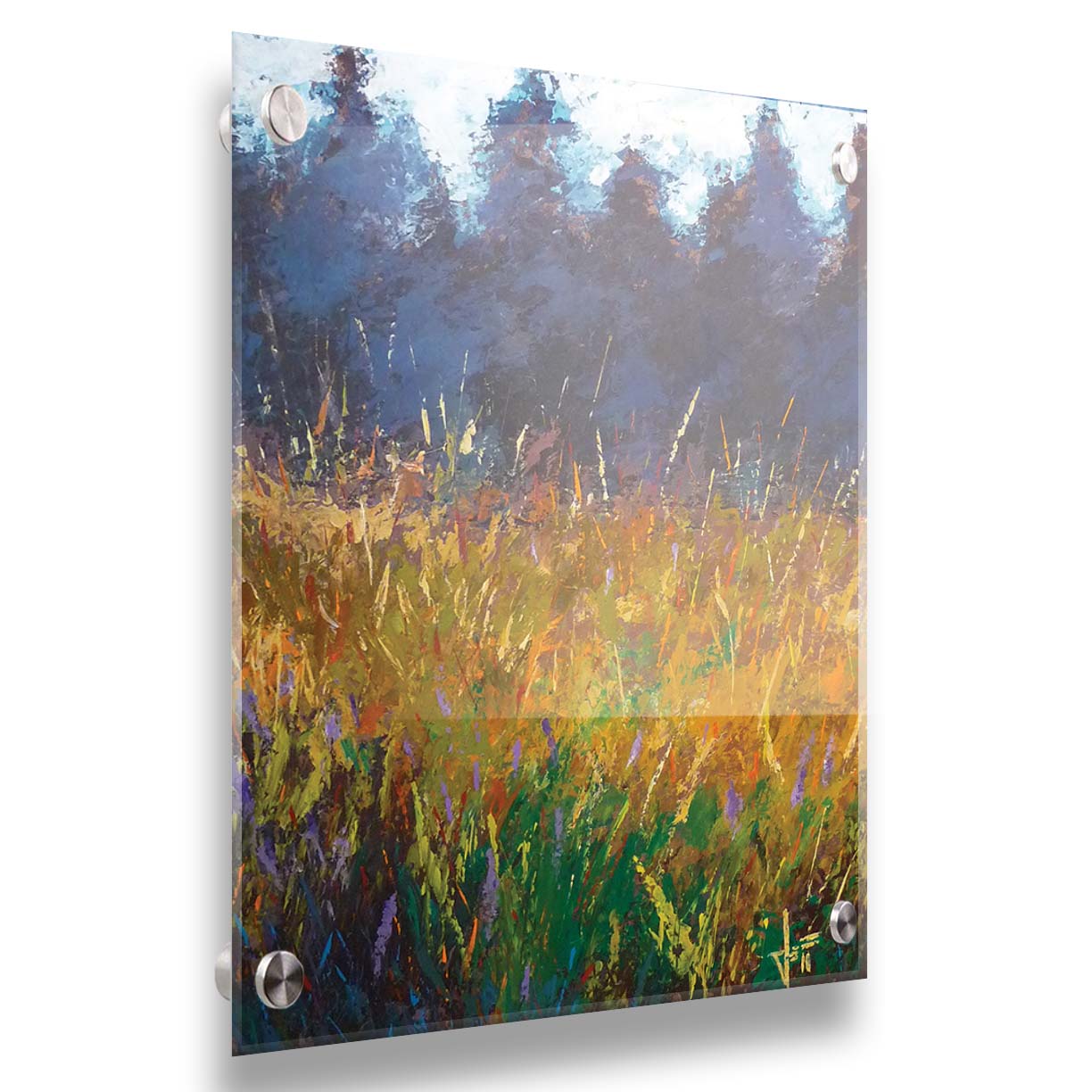 An expressive painting of a gold and green field in front of a purple and blue forest. Printed on acrylic.