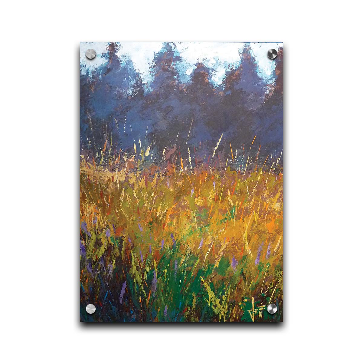 An expressive painting of a gold and green field in front of a purple and blue forest. Printed on acrylic.