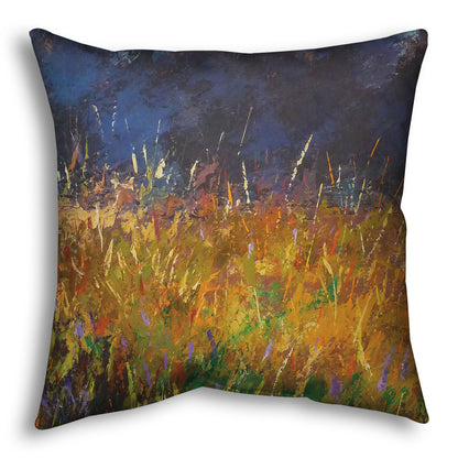 A square throw pillow designed with an expressive painting of a gold and green field in front of a purple and blue forest.