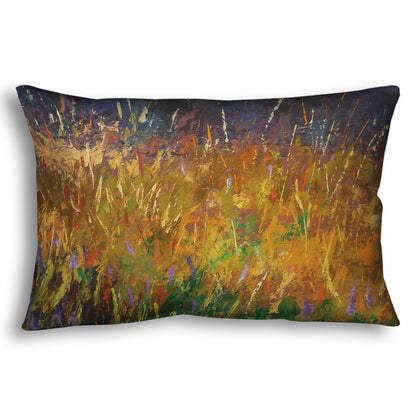 A rectangular throw pillow designed with an expressive painting of a gold and green field in front of a purple and blue forest.