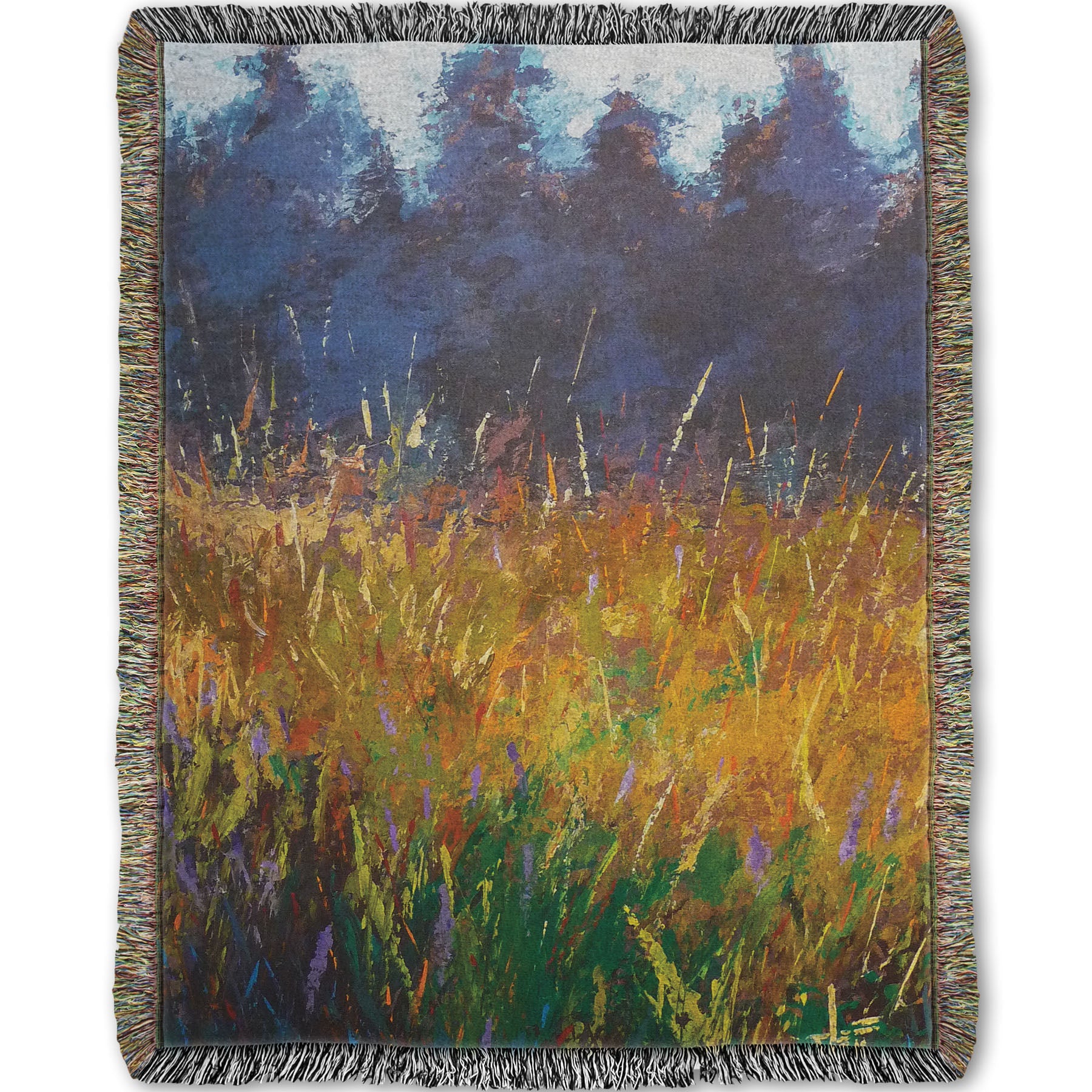 A woven throw blanket designed with an expressive painting of a gold and green field in front of a purple and blue forest.
