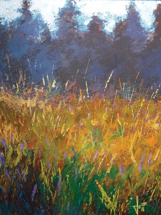 An expressive painting of a gold and green field in front of a purple and blue forest. 