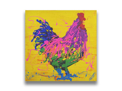 A drip painting of a pink and purple rooster on a bright yellow background, accented with blue and green. Printed on canvas.