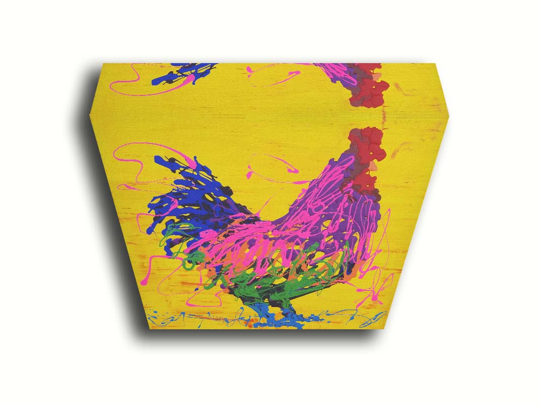 A drip painting of a pink and purple rooster on a bright yellow background, accented with blue and green. Printed on canvas.