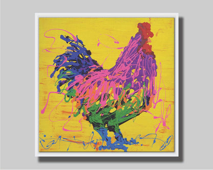 A drip painting of a pink and purple rooster on a bright yellow background, accented with blue and green. Printed on canvas in a float frame.