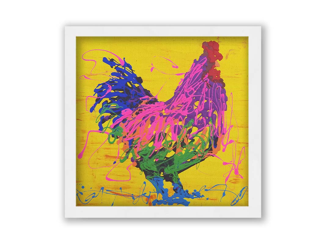 A drip painting of a pink and purple rooster on a bright yellow background, accented with blue and green. Printed on canvas and framed.