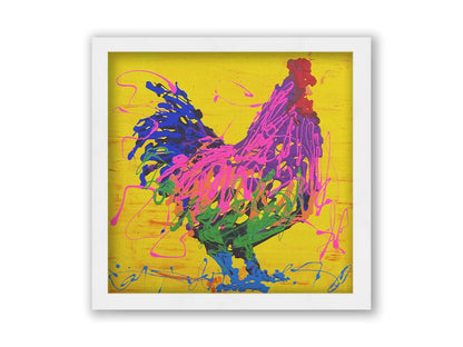 A drip painting of a pink and purple rooster on a bright yellow background, accented with blue and green. Printed on canvas and framed.