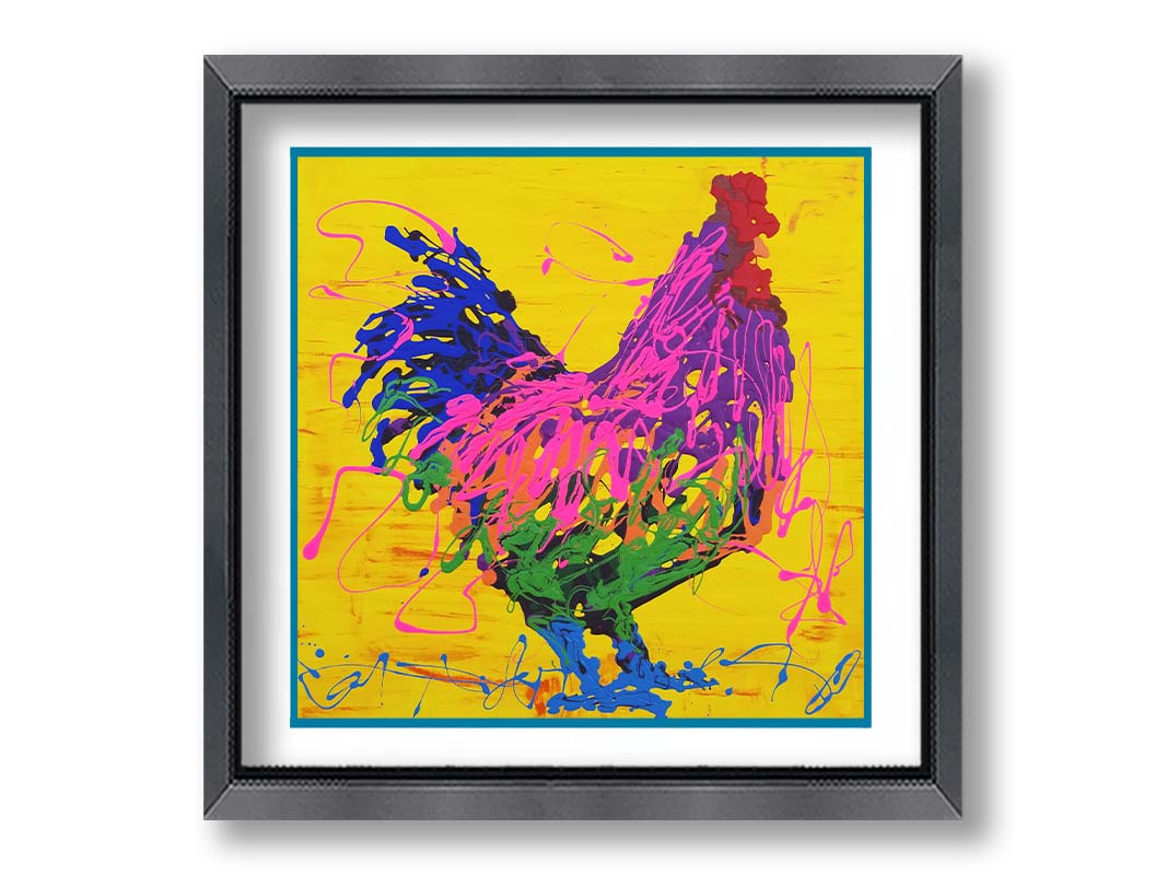 A drip painting of a pink and purple rooster on a bright yellow background, accented with blue and green. Printed on paper, matted, and framed.