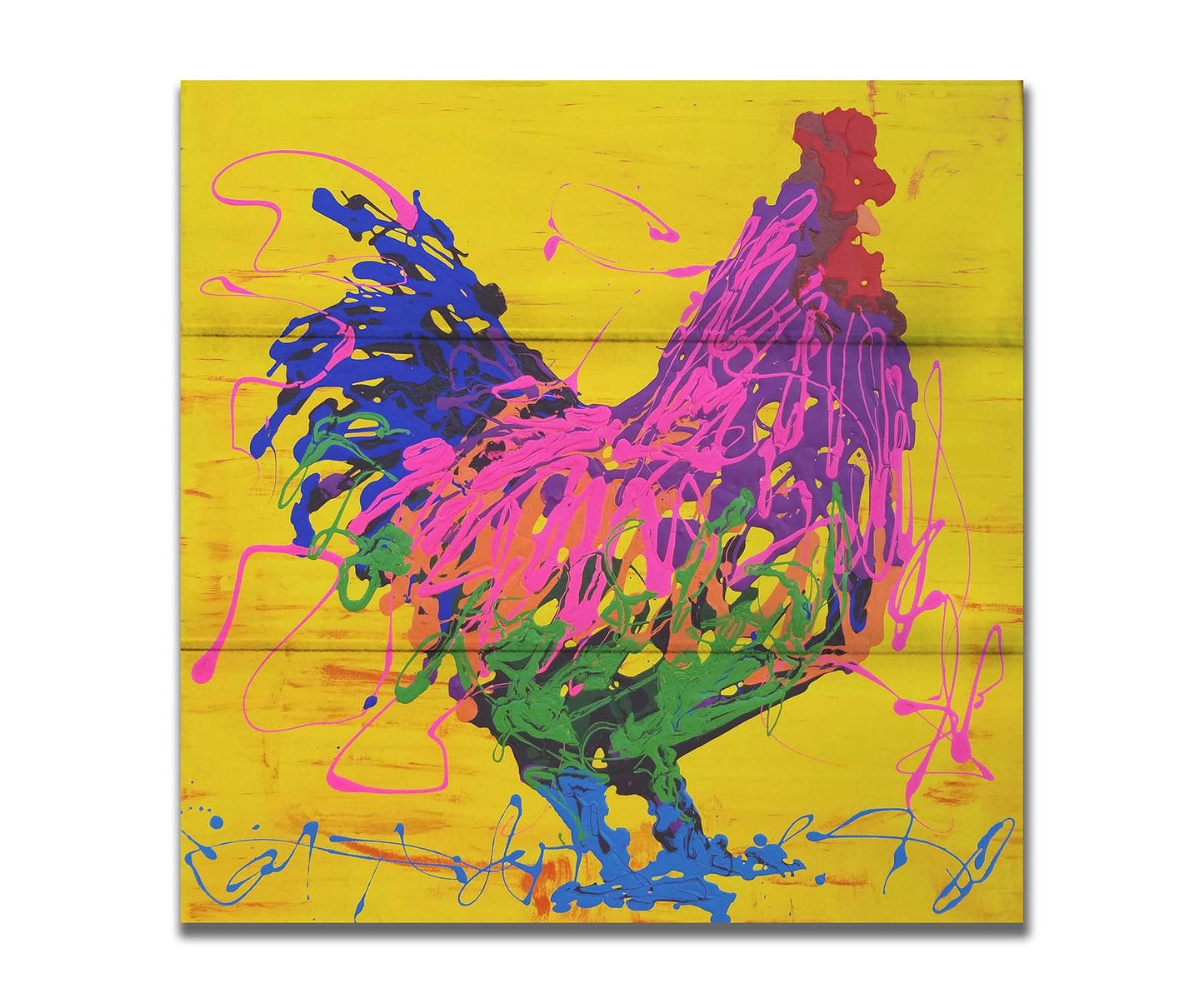 A drip painting of a pink and purple rooster on a bright yellow background, accented with blue and green. Printed on a box board.