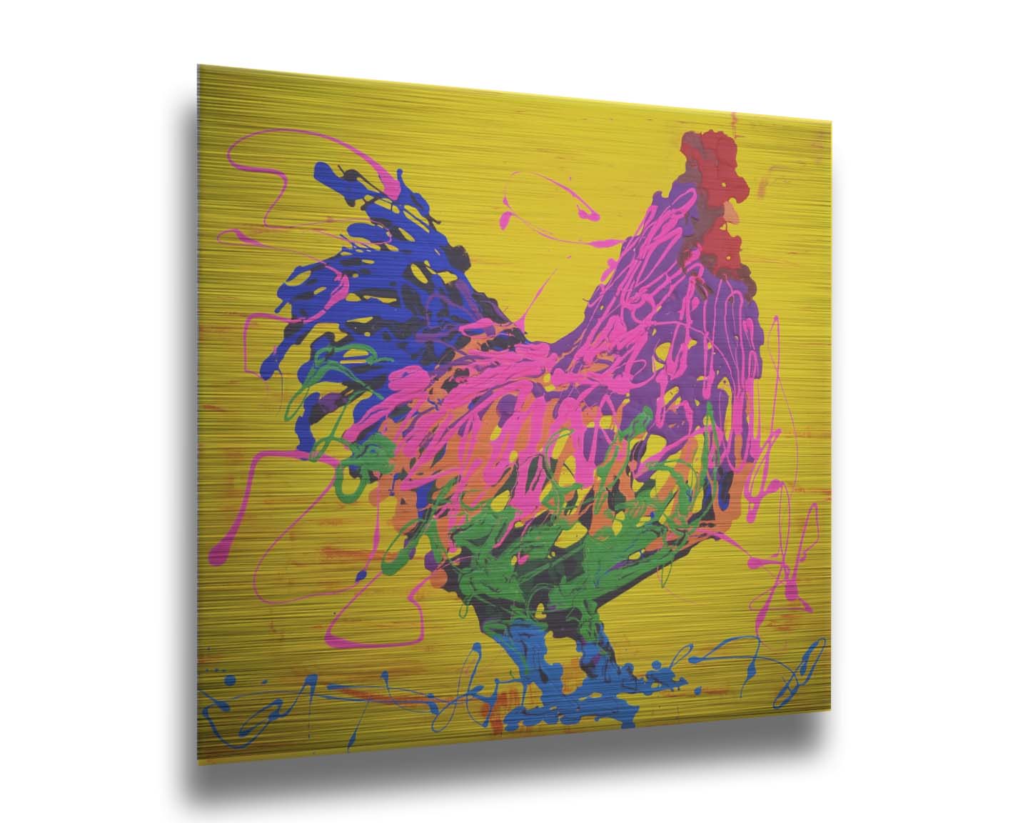 A drip painting of a pink and purple rooster on a bright yellow background, accented with blue and green. Printed on metal.