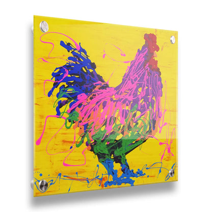 A drip painting of a pink and purple rooster on a bright yellow background, accented with blue and green. Printed on acrylic.