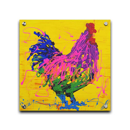 A drip painting of a pink and purple rooster on a bright yellow background, accented with blue and green. Printed on acrylic.